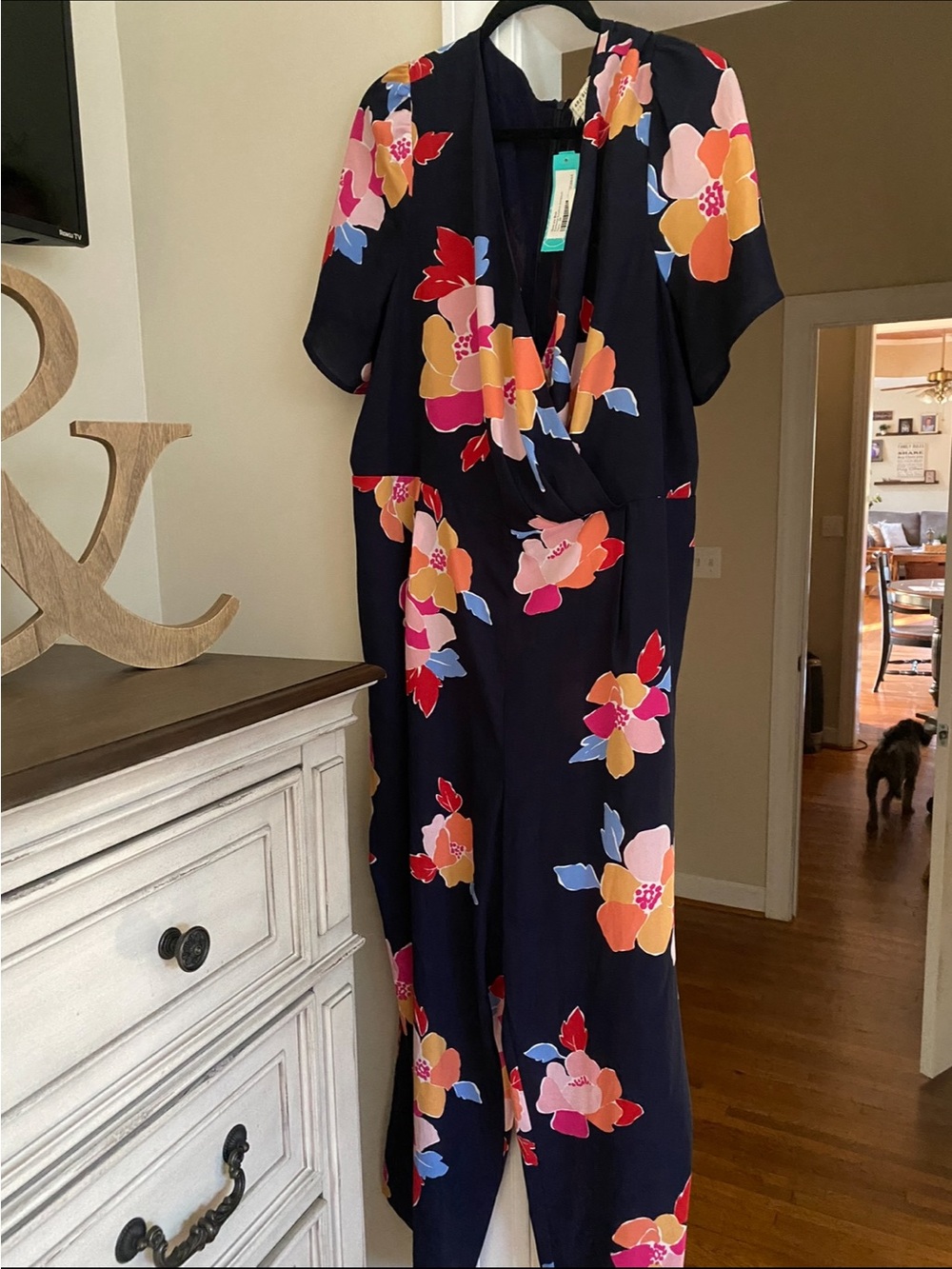 Skies Are Blue Navy Floral Wrap Jumpsuit with Pink, Orange & Red Blooms